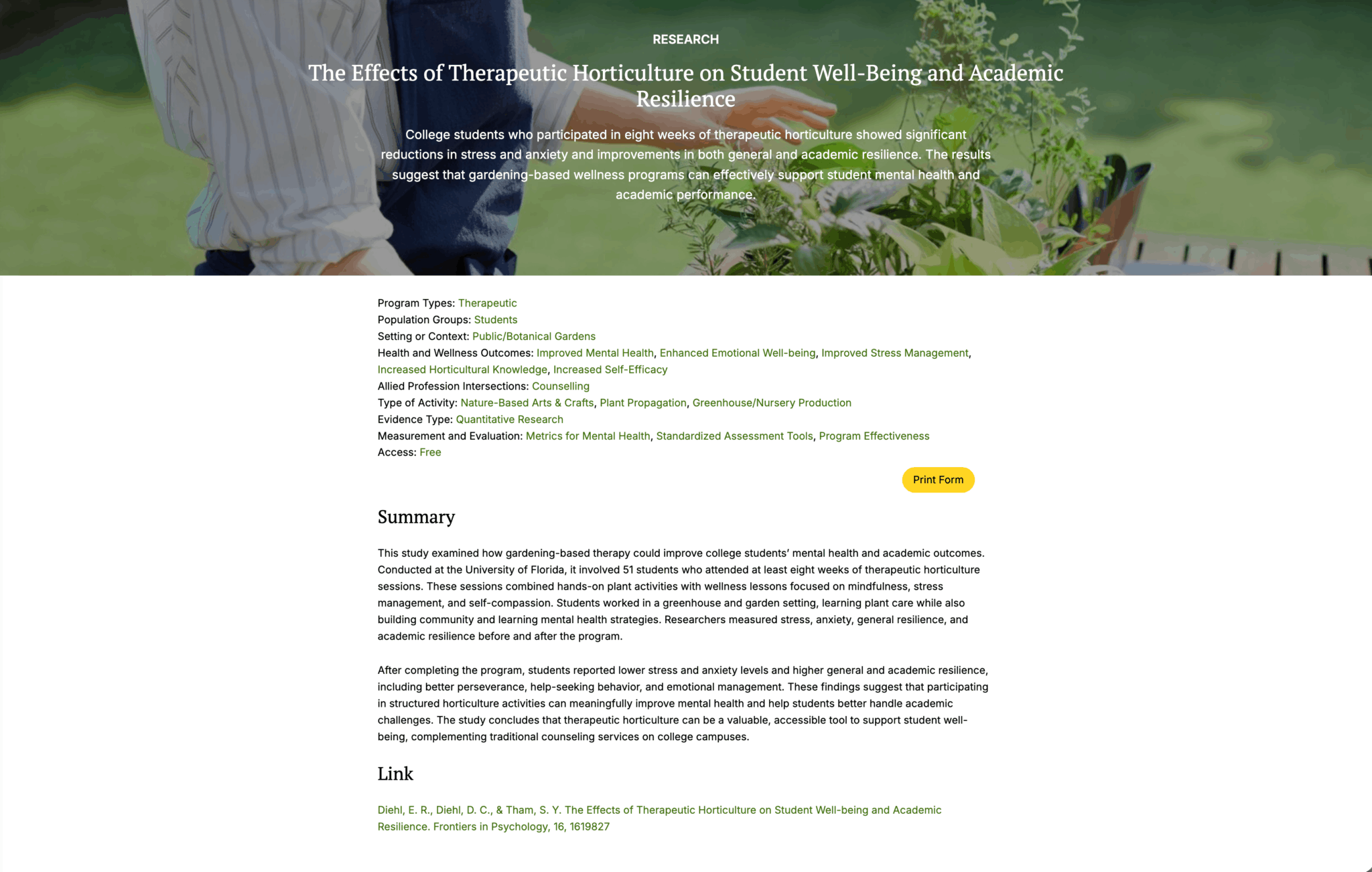 Therapeutic Horticulture Research Database
